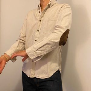 Tan casual button down with elbow patch detail